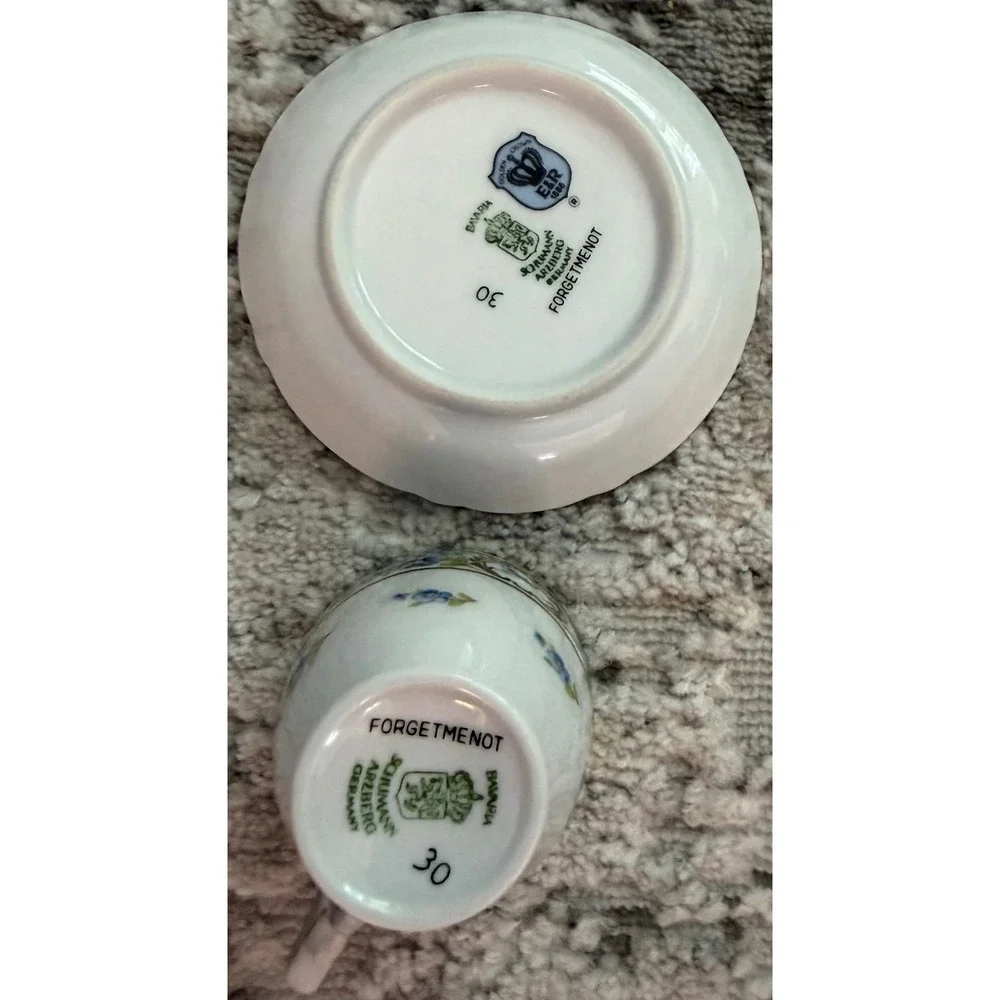 Schumann Arzberg Bavaria Forget Me Not Demitasse Cup Saucer Set Gold Gilt Blue